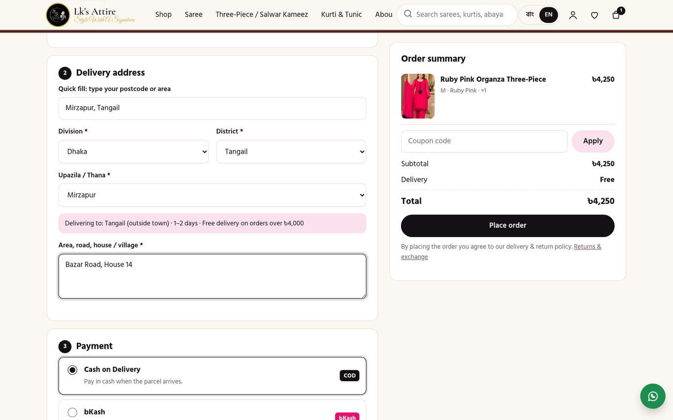 Lk's Attire checkout with the address filled in from a place name and the delivery zone shown