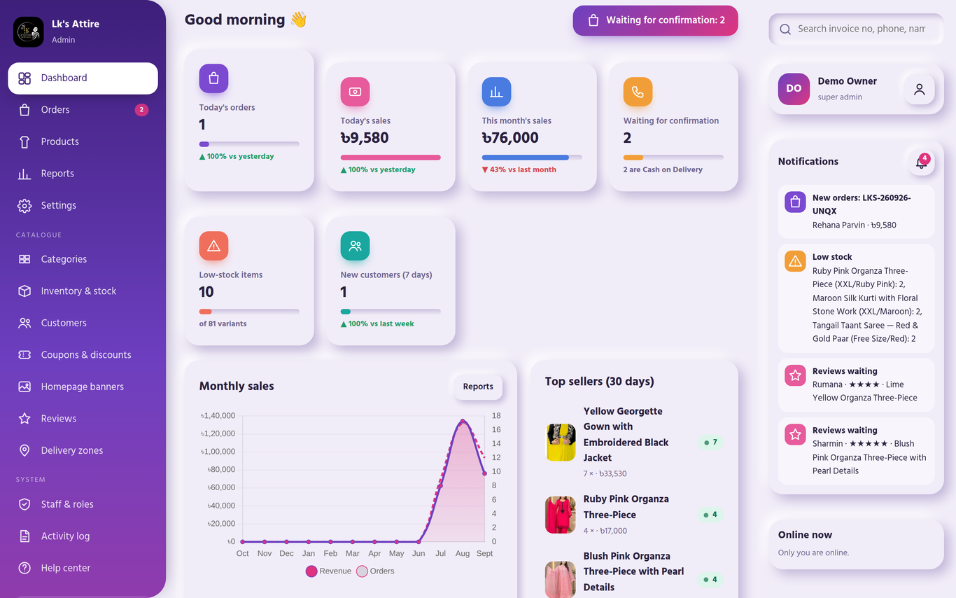 Lk's Attire admin dashboard with sales, orders waiting for confirmation, low stock and notifications