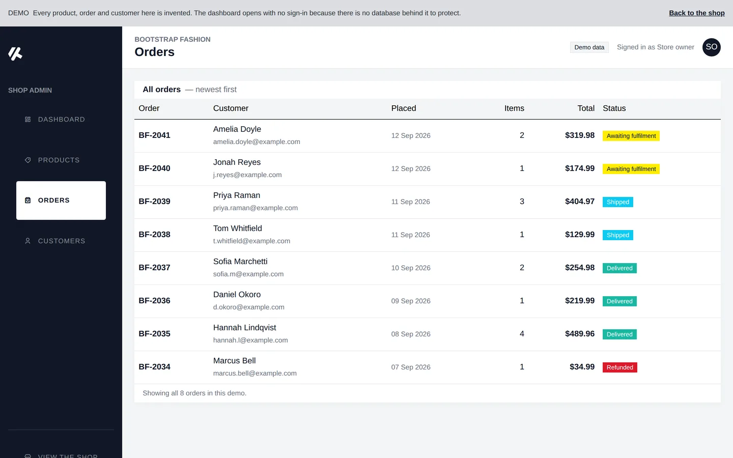 Bootstrap Fashion — The orders screen.