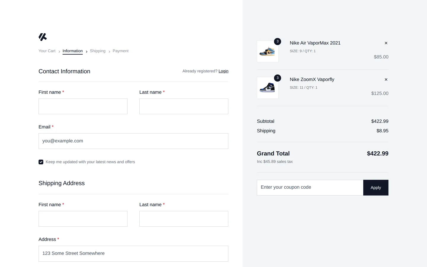 Bootstrap Fashion — Step one of the three-step checkout.