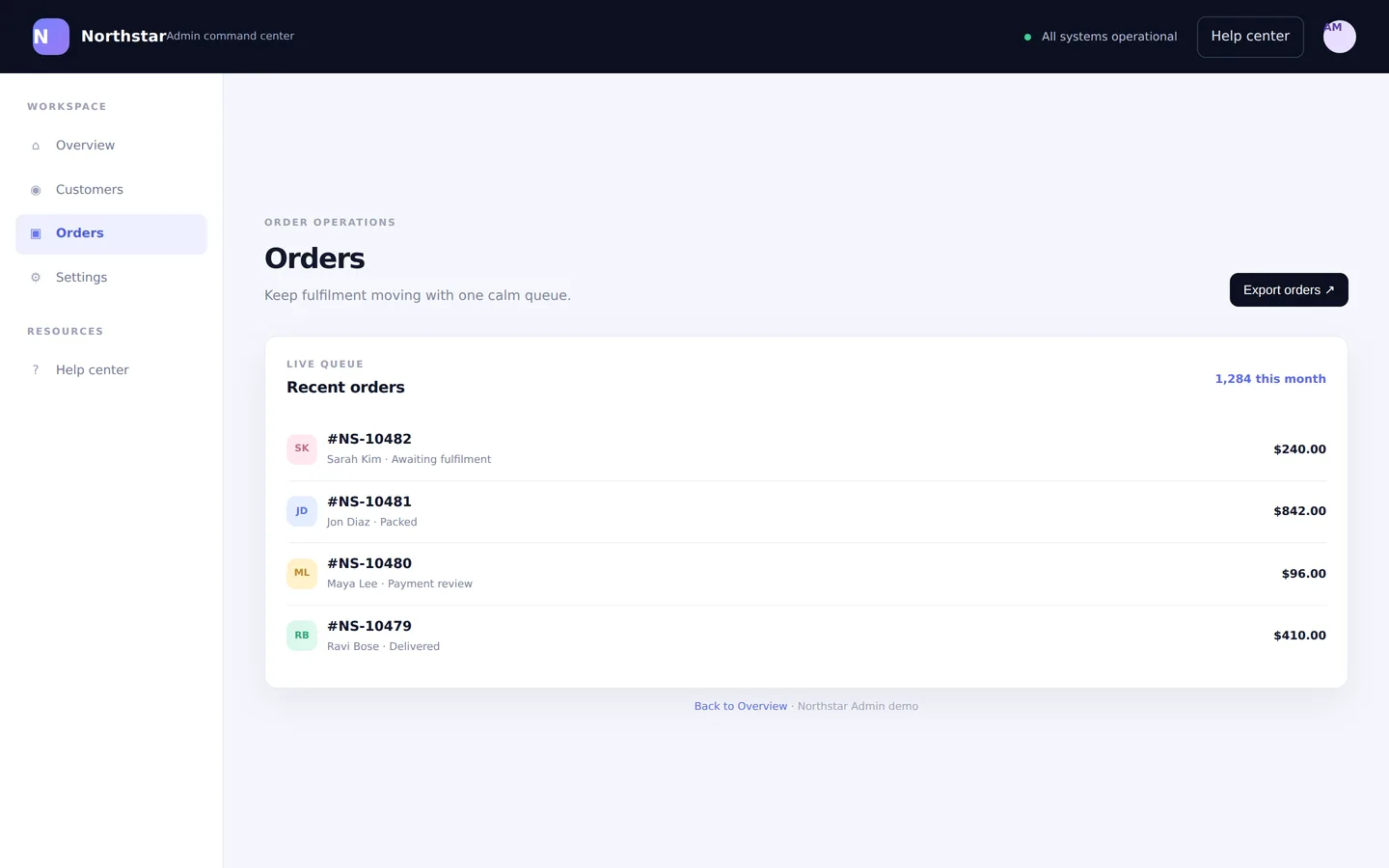 Northstar Admin — Orders — the density is the point.