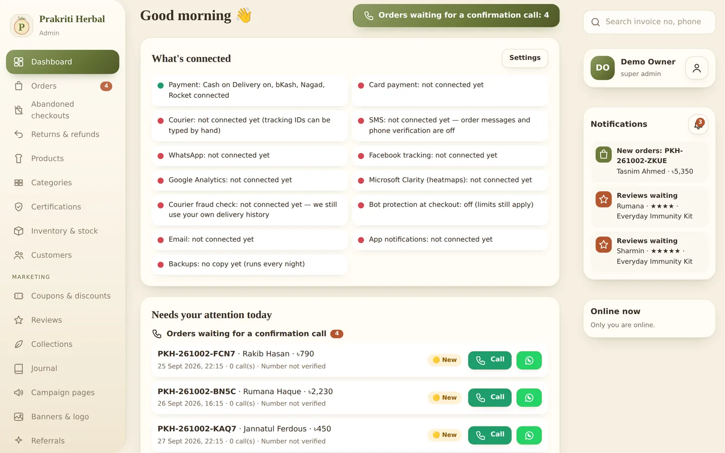 Prakriti Herbal — The dashboard, opening on what needs attention today.