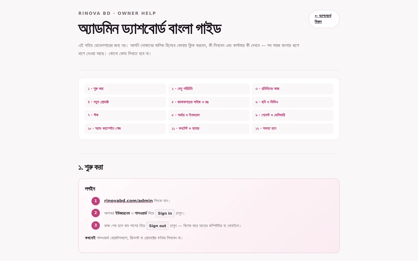 Rinova BD — Admin Dashboard — The built-in guide — handover without a phone call.