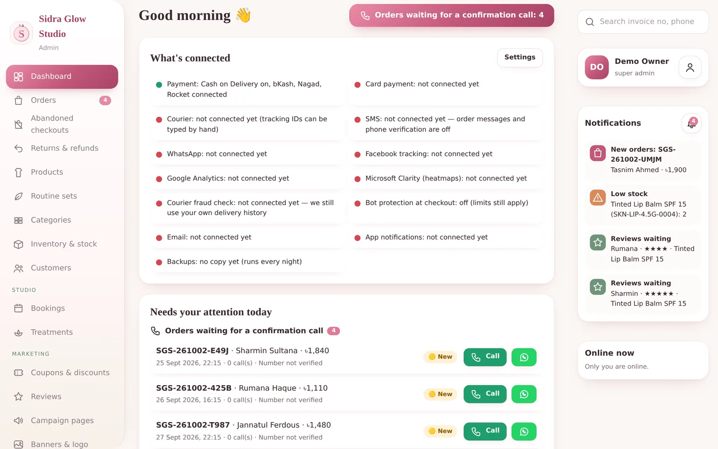 Sidra Glow Studio — The dashboard — orders and the bookings diary together.