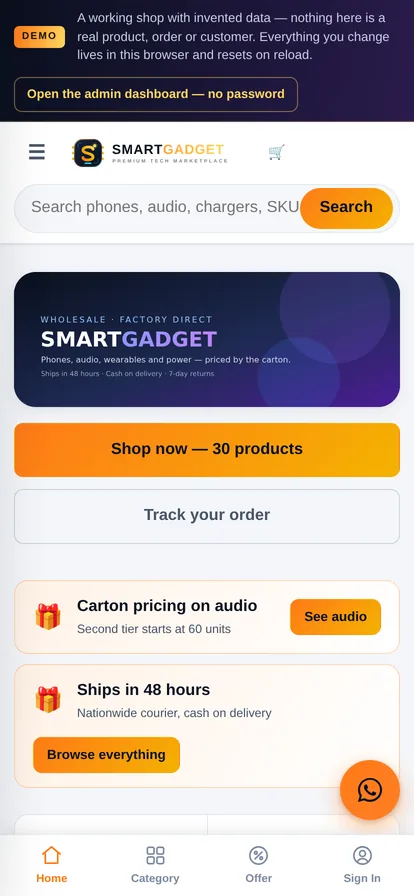 SmartGadget — The same page on a phone — where most of the traffic is.