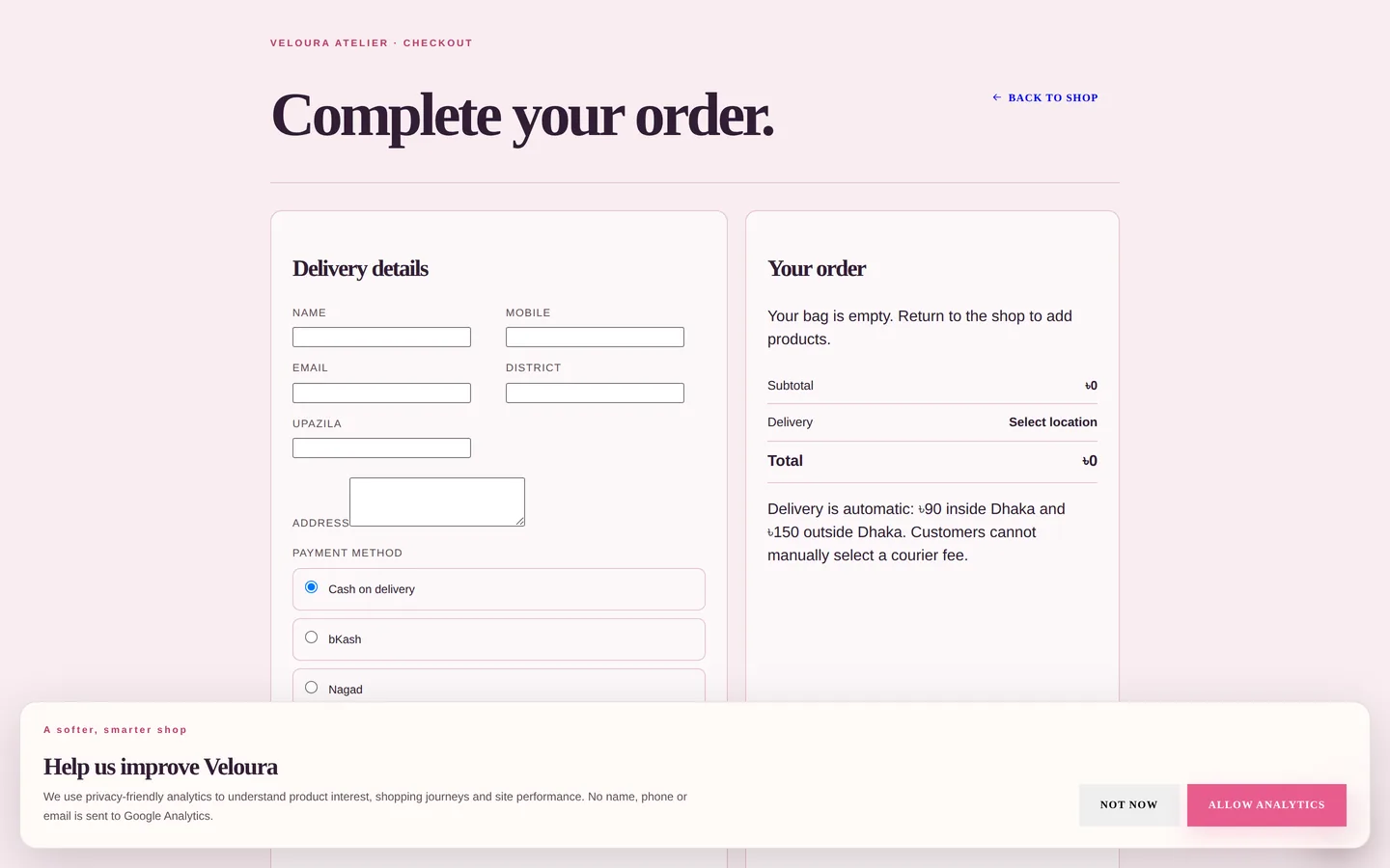 Veloura Atelier — Checkout — one page, not a funnel.