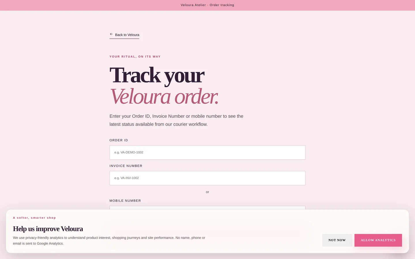 Veloura Atelier — Order tracking.