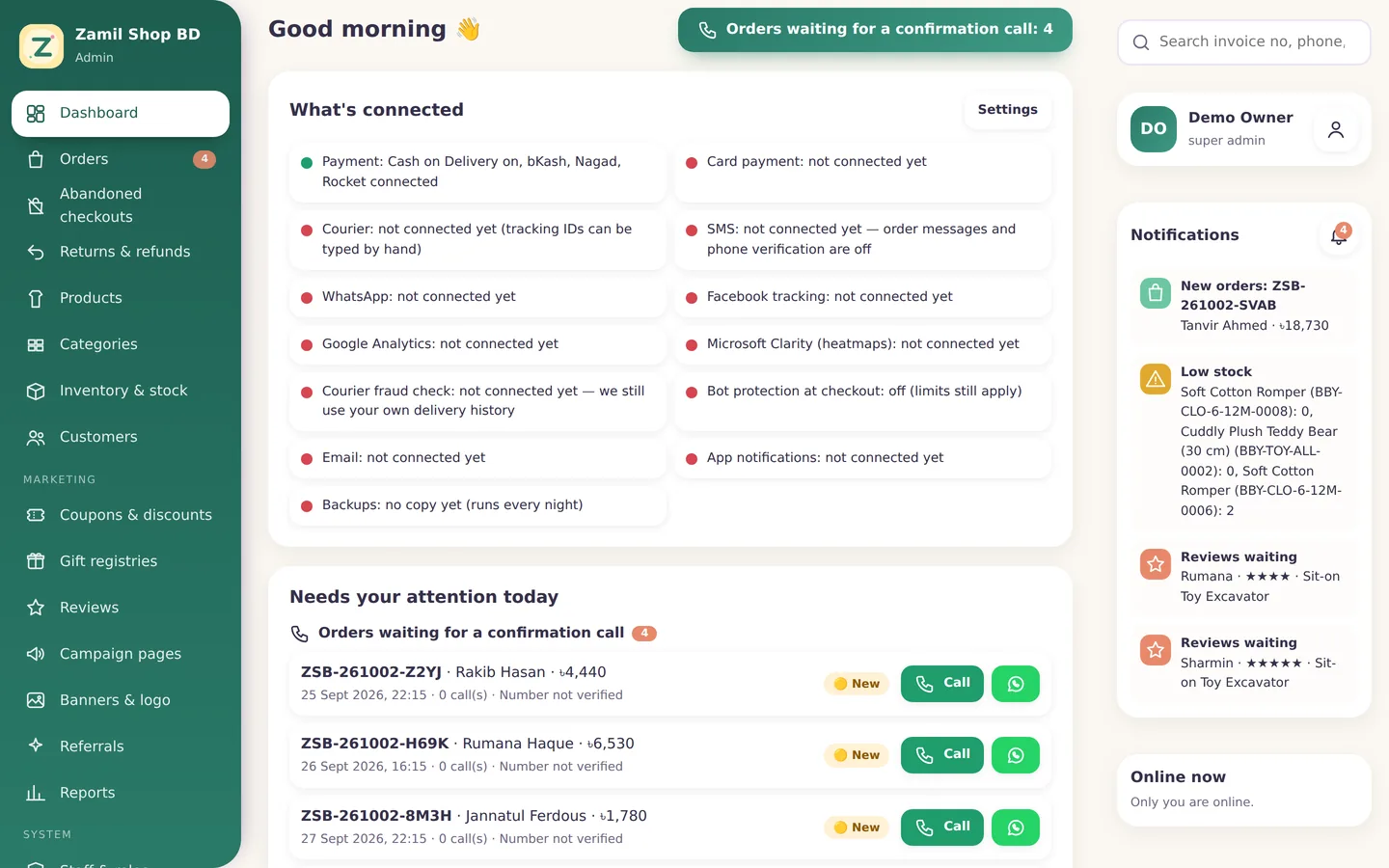 Zamil Shop BD — The dashboard — four orders waiting for a confirmation call.