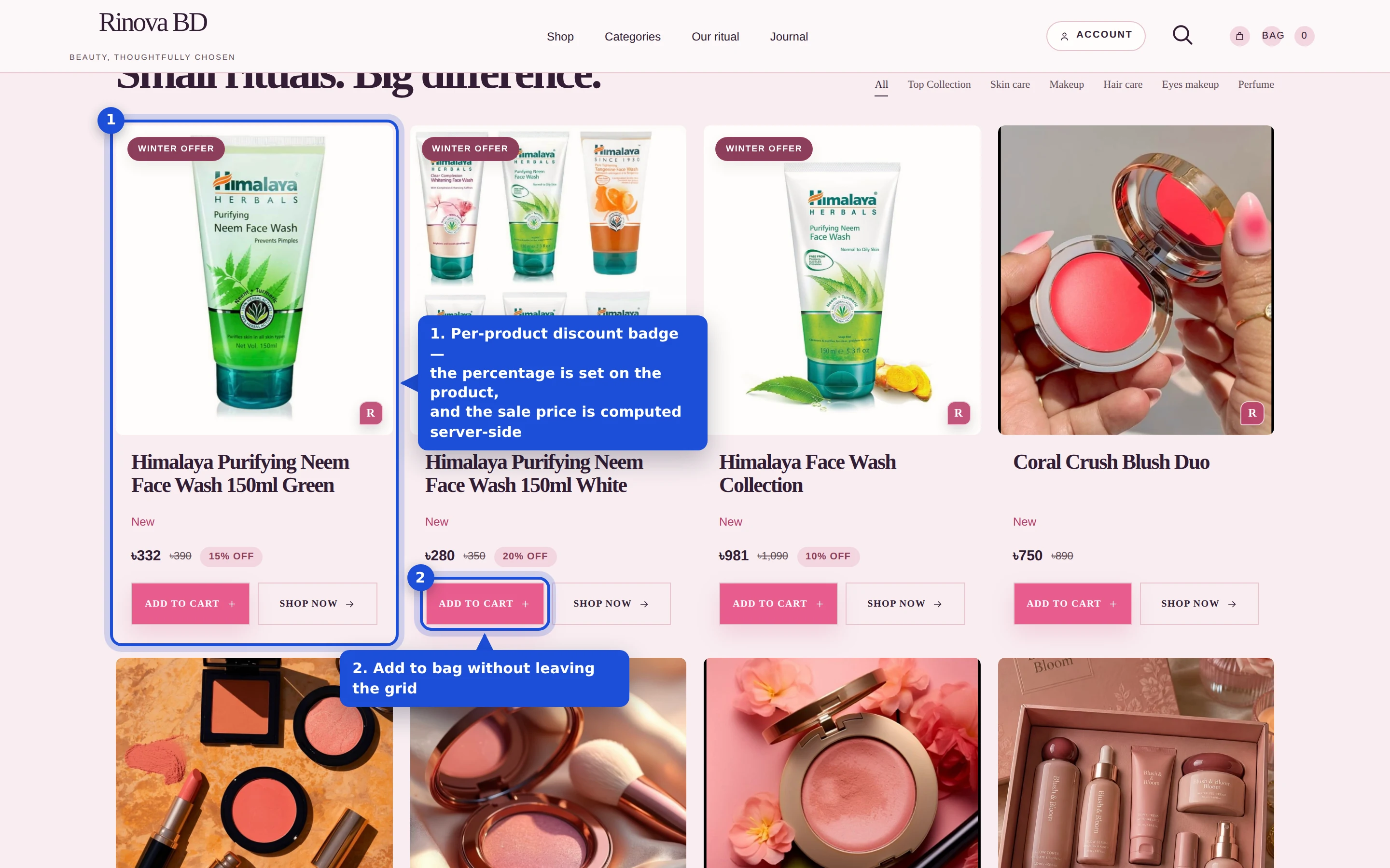 Product grid with discount badges