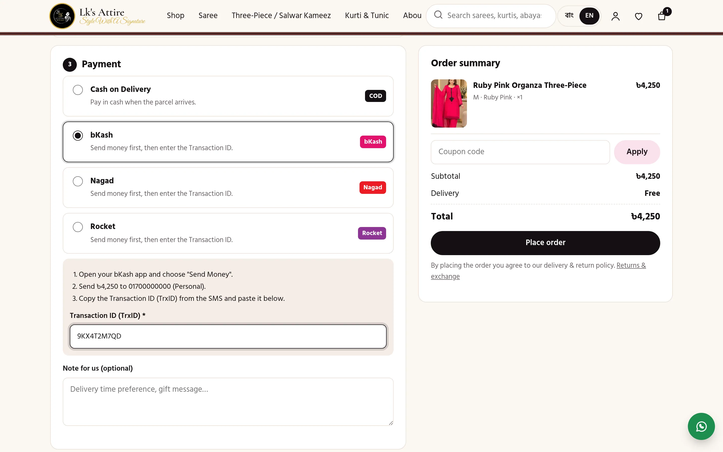 Paying with bKash and a transaction ID