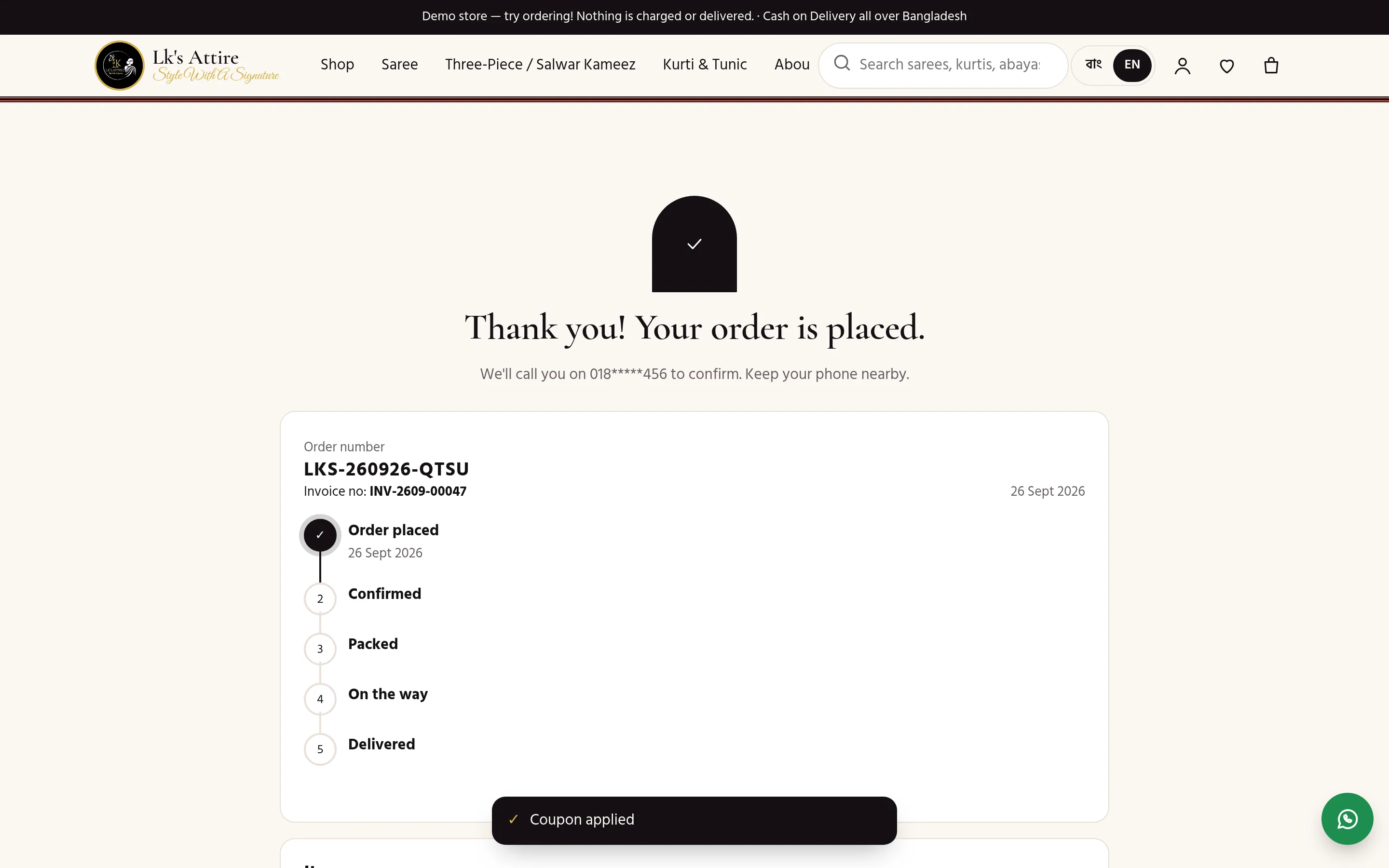 Order confirmed, with the invoice number