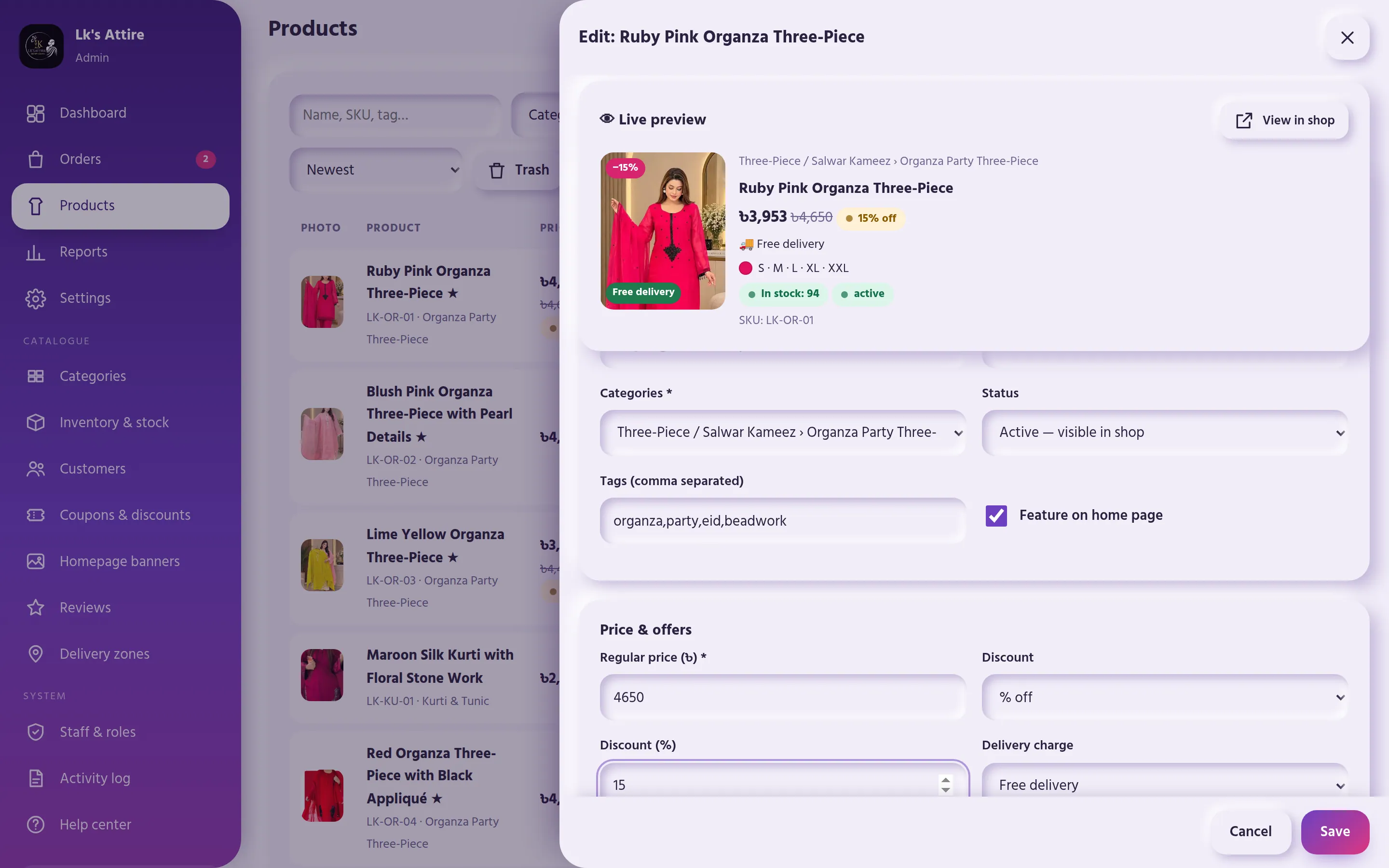 Product editor with live preview
