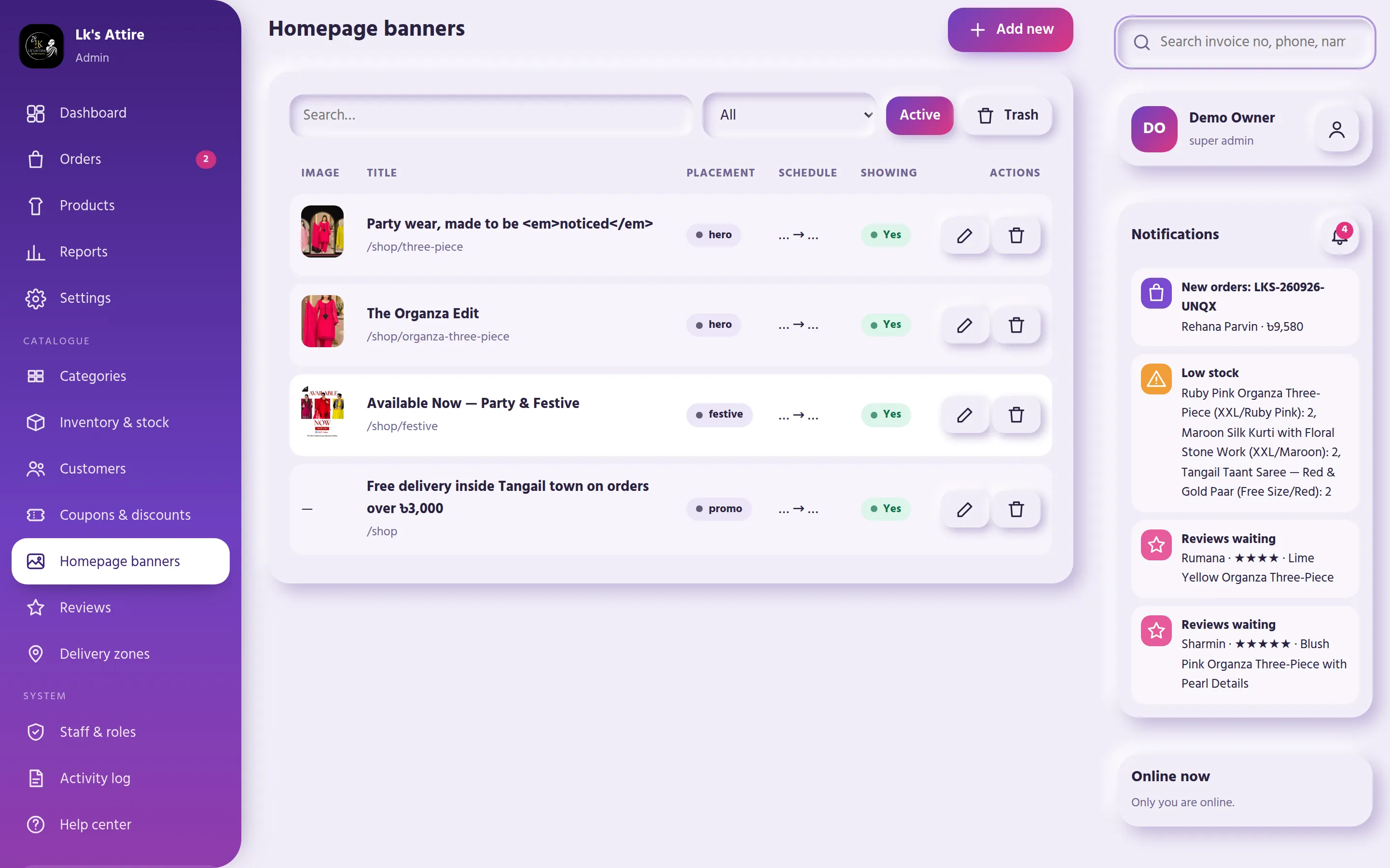 Homepage banners