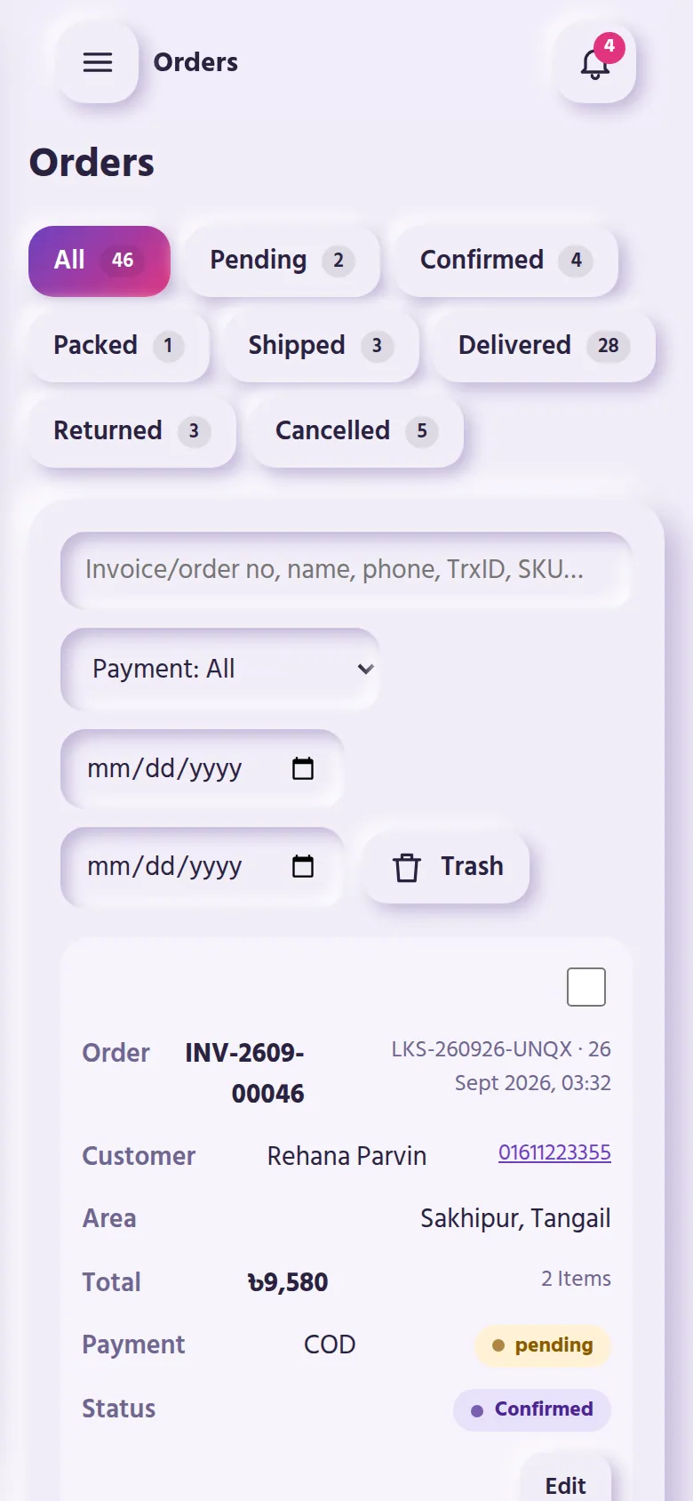 Orders on a phone